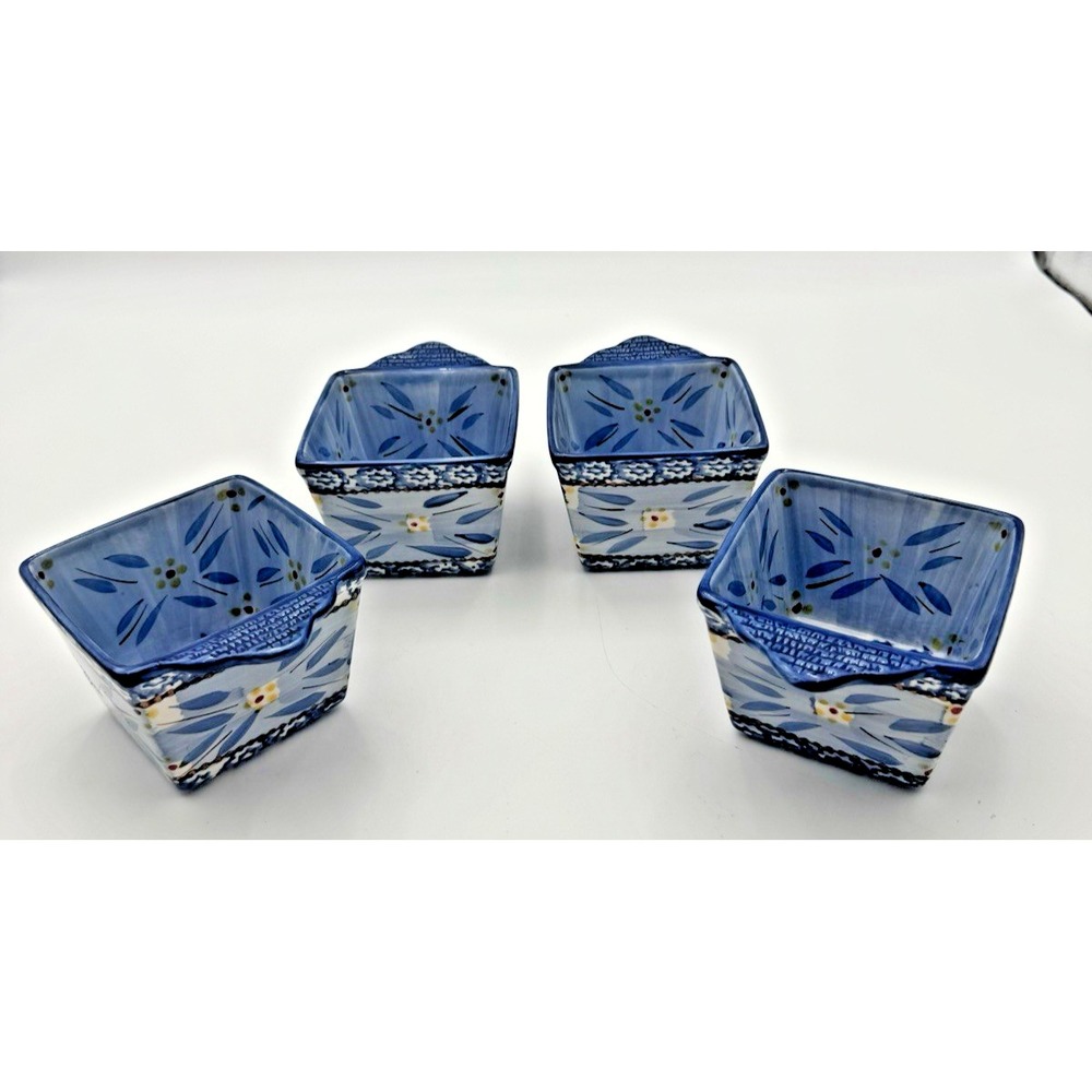 Temp-tations Old World Blue Set of 4 Mini Square Bakers Ramekins Handles